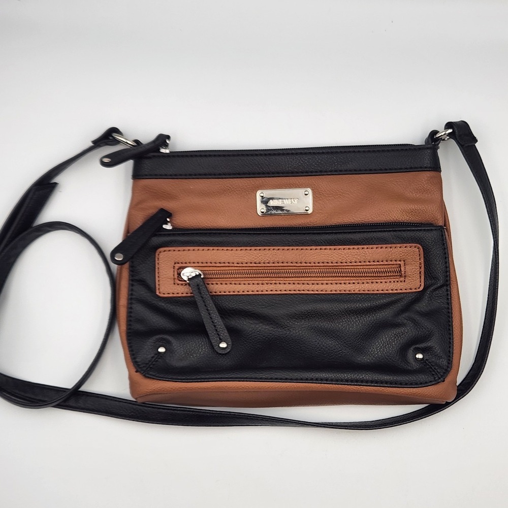 Nine‎ West Black & Brown Crossbody Bag Faux Leather Front Zip Pocket - Small